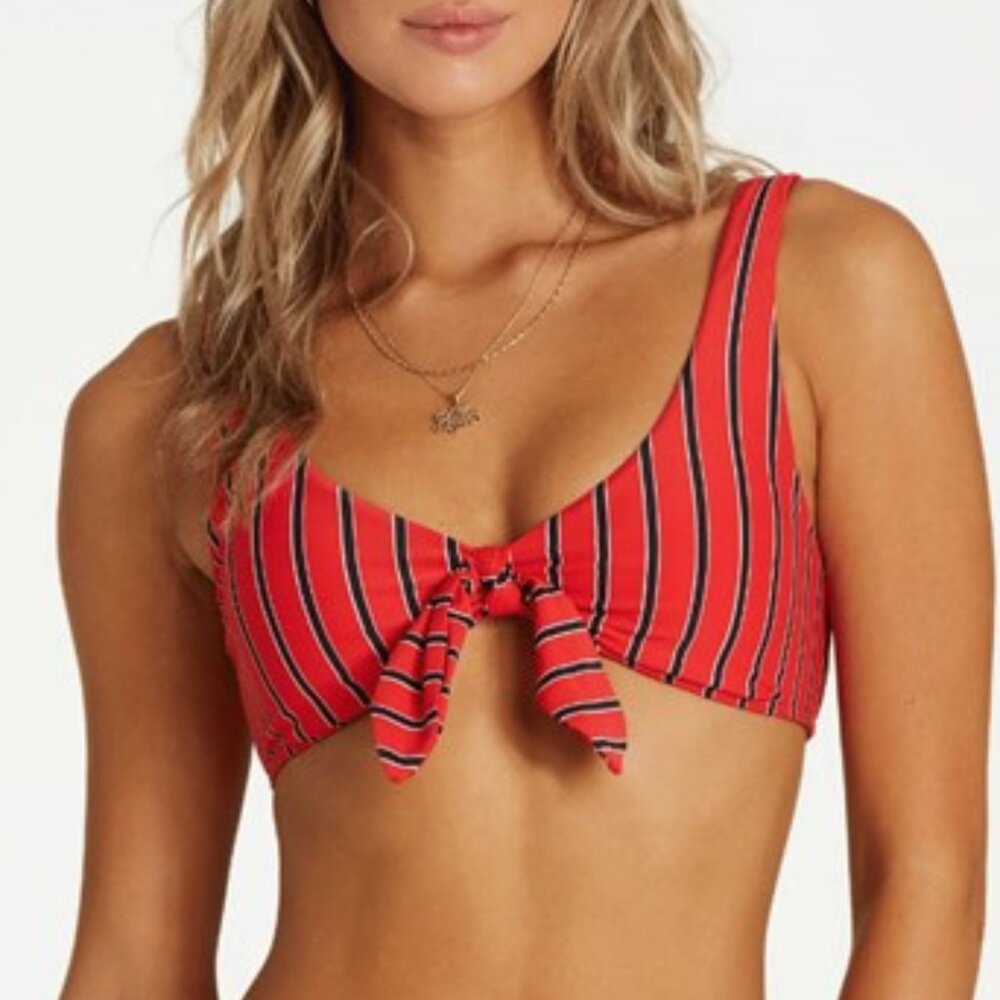 NWT Billabong Hot For Now Stripe Tie Front Bikini Top in Red Fuego - Size Small